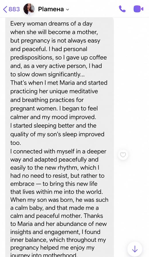 Testimonial screenshot from Plamena about The Calm Pregnancy Method